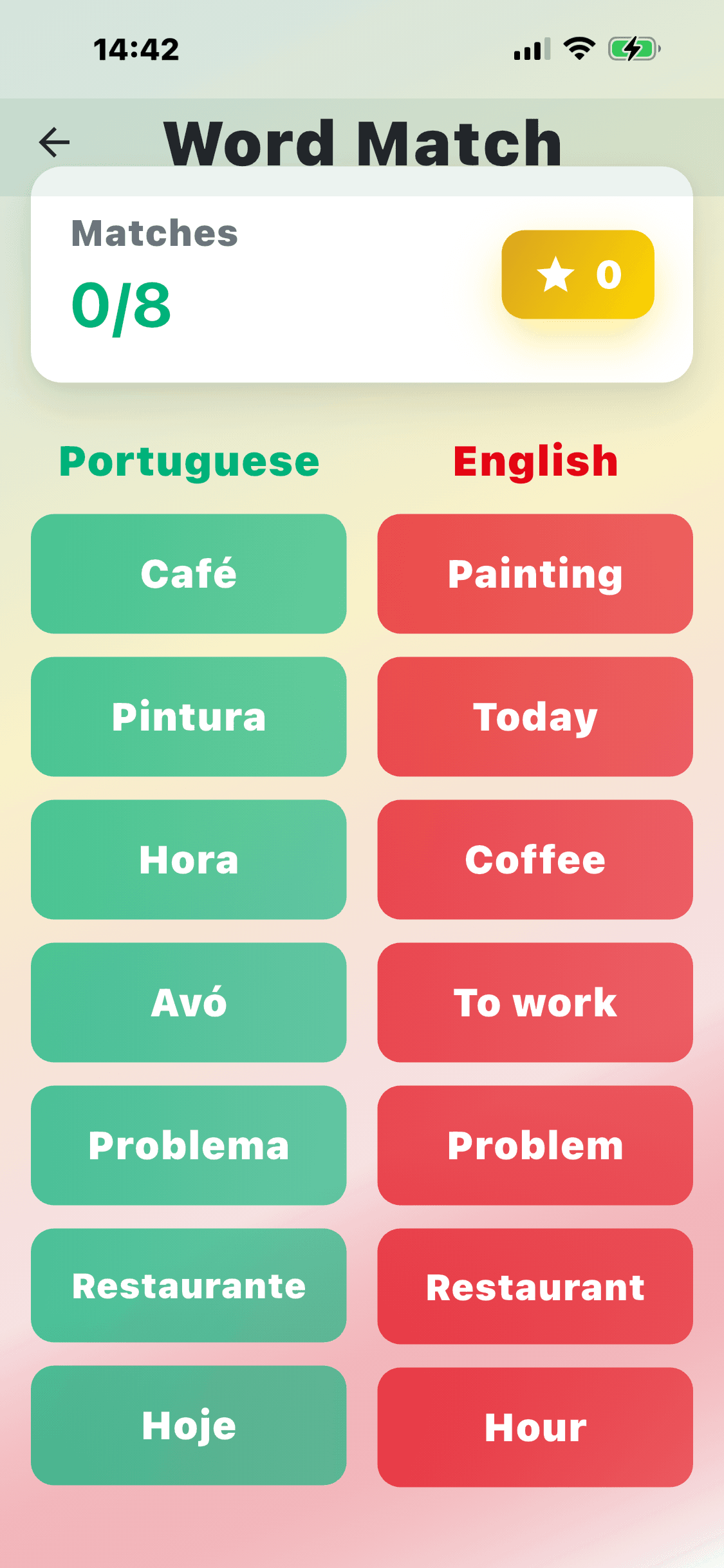 Portuguese vocabulary word match game